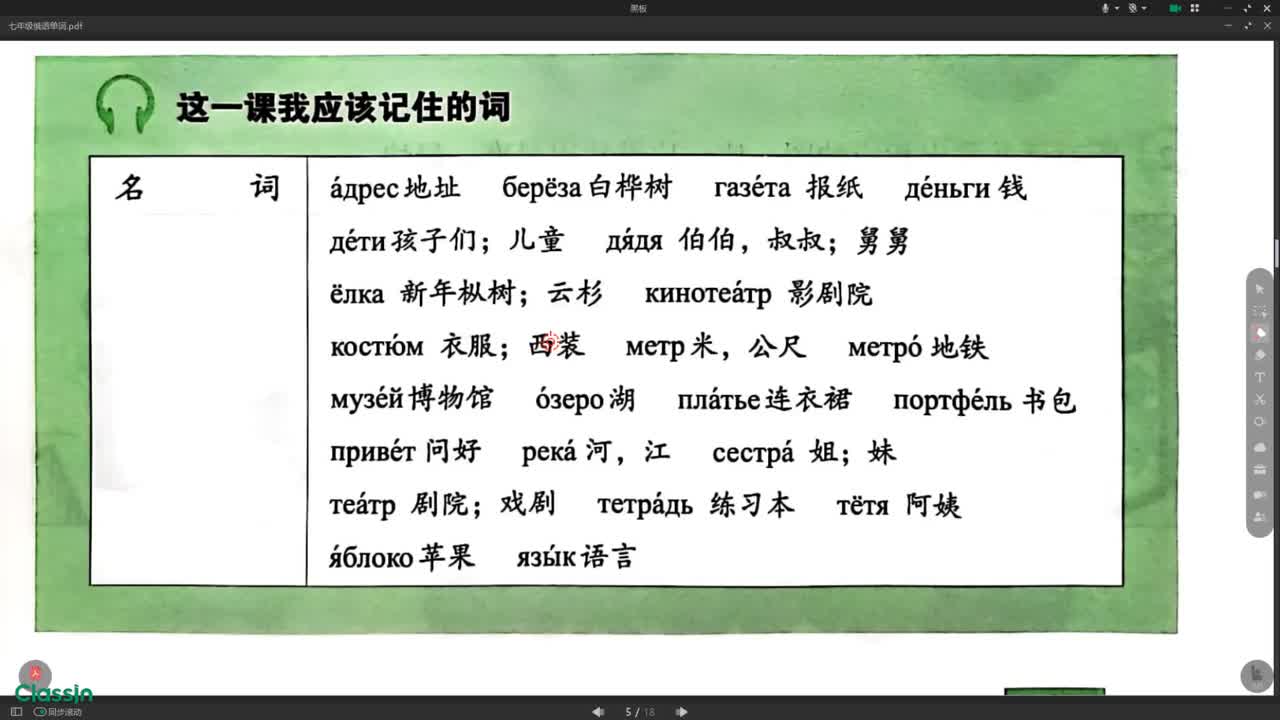 七年级俄语第五课 单词