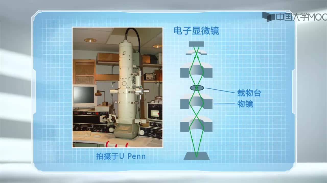 图 2-14 电子显微镜的基本结构和成像原理