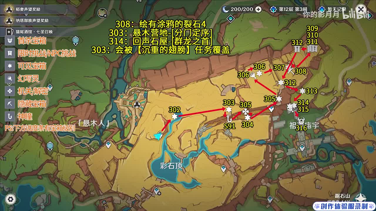 彩石顶(1) 共15个(302-316)成就数314 神瞳91 绘有涂鸦的裂石4【沉重的翅膀】