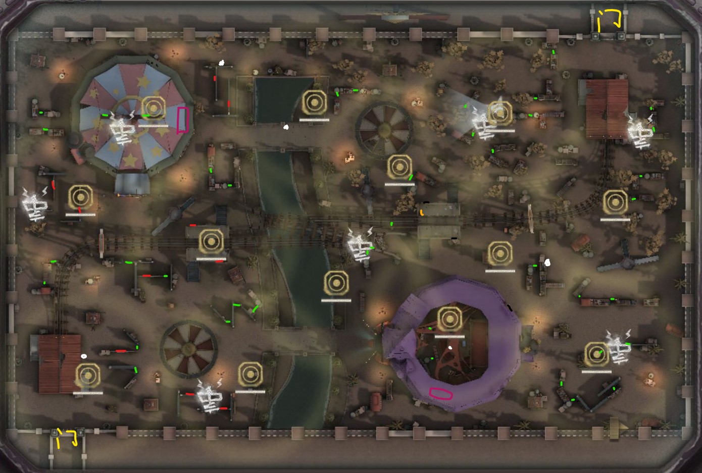 第五人格月亮河公园板(绿)窗(红)密码机(白)操作台(黄)图.