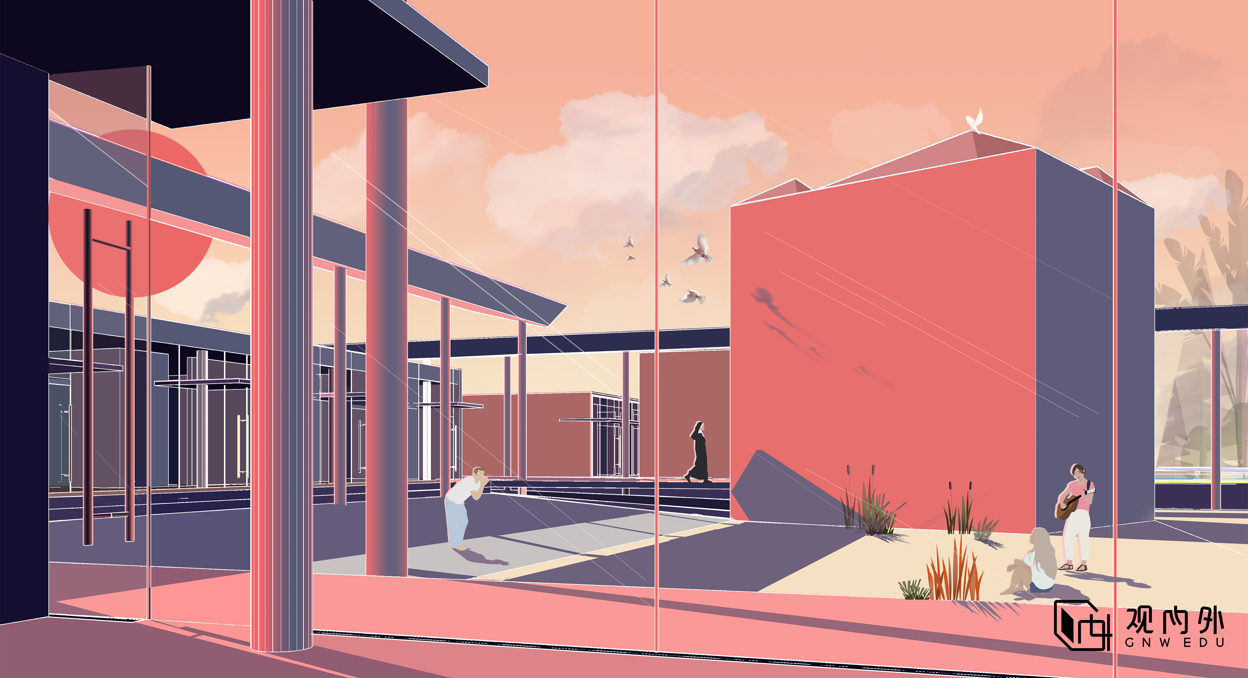 作品分享:插画风效果图/建筑景观设计软件 _ 观内外教育 _ 哔哩哔哩相