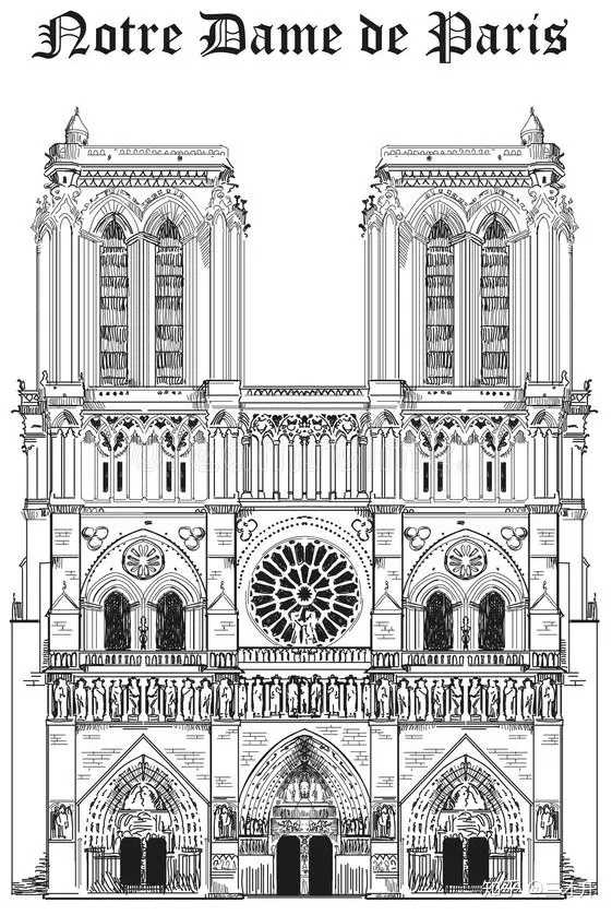 巴黎圣母院西立面线稿图片