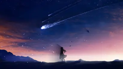 流星雨下的女孩 星空 梦幻 蓝色 2K