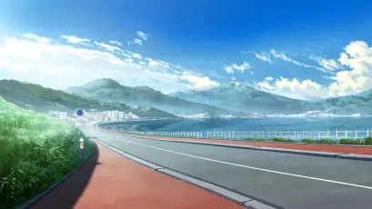 海滨公路风景 动漫风格 海滨 公路 2K