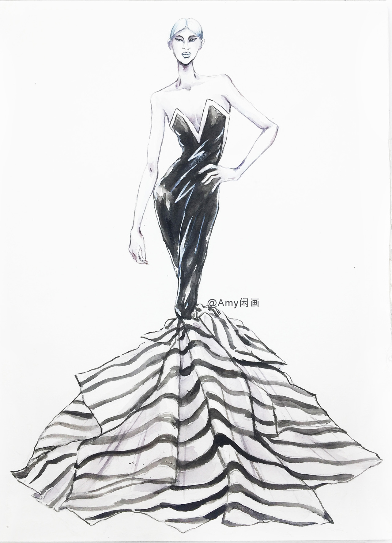服装设计技法水彩画,黑白条纹鱼尾裙绘画过