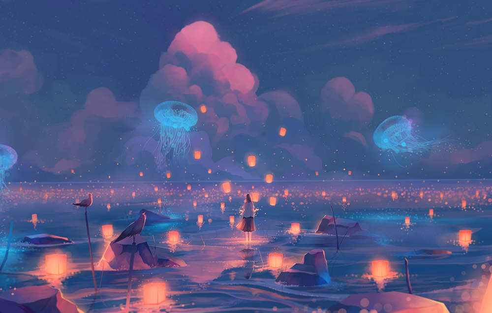 故事插画夜晚的余光