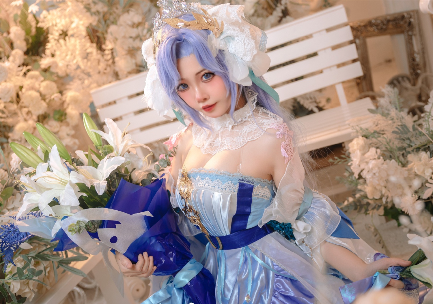 五杀腿毛在微笑大乔520挚爱花嫁皮肤cosplay4