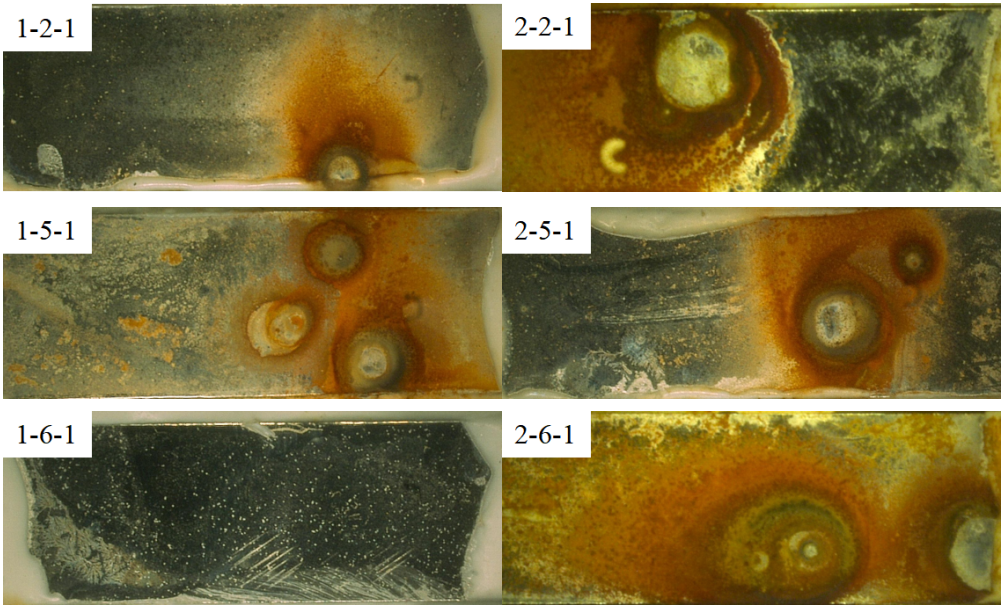 Fig. 1 Corrosion morphology of two different materials under different tempering temperature after 7 days