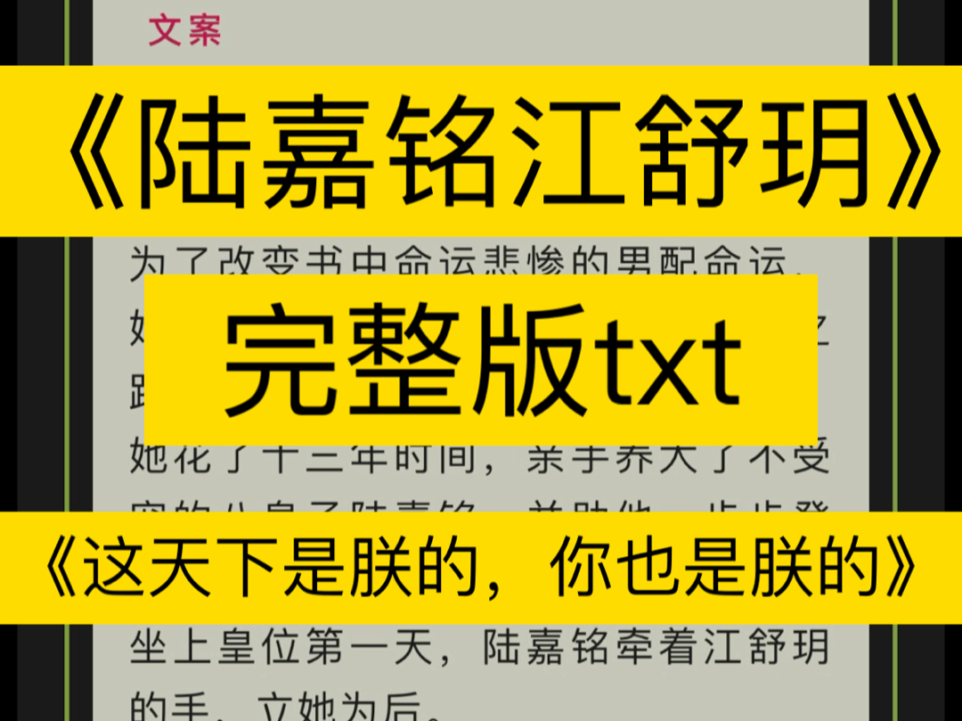 《陆嘉铭江舒玥》陆嘉铭江舒玥的小说,又名《这天下是朕的,你也是朕的》江舒玥是爆红全网的虐文小说《美人不渡》的作者.为了改变书中命运悲惨的...