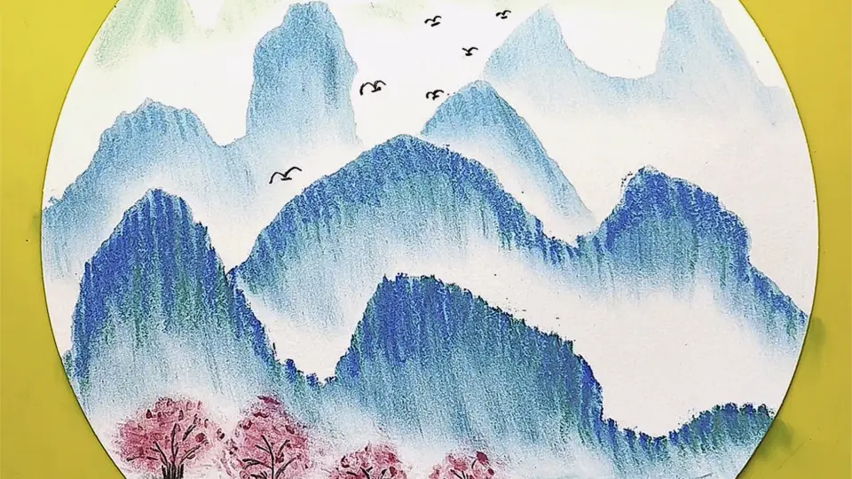 风景画：油画棒涂鸦绿水千山樱花粉…_哔哩哔哩_bilibili