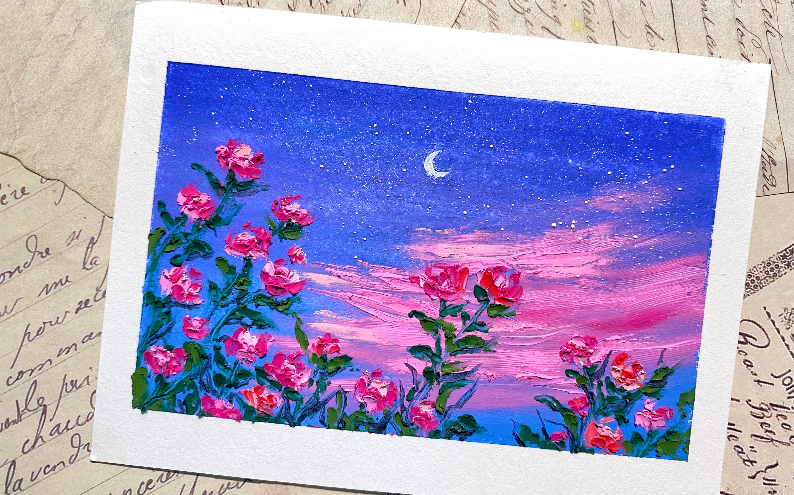 油画棒教程|月下玫瑰花海 高尔乐油画棒(色号在视频里)