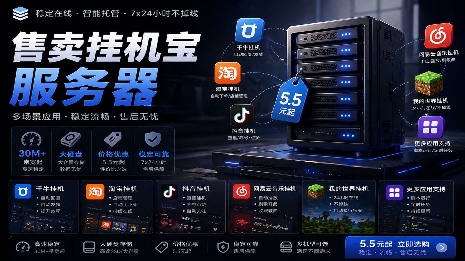 5.5元挂机宝服务器!千牛/淘宝/抖音/网易云/MC挂机一台全搞定,新手必看教程