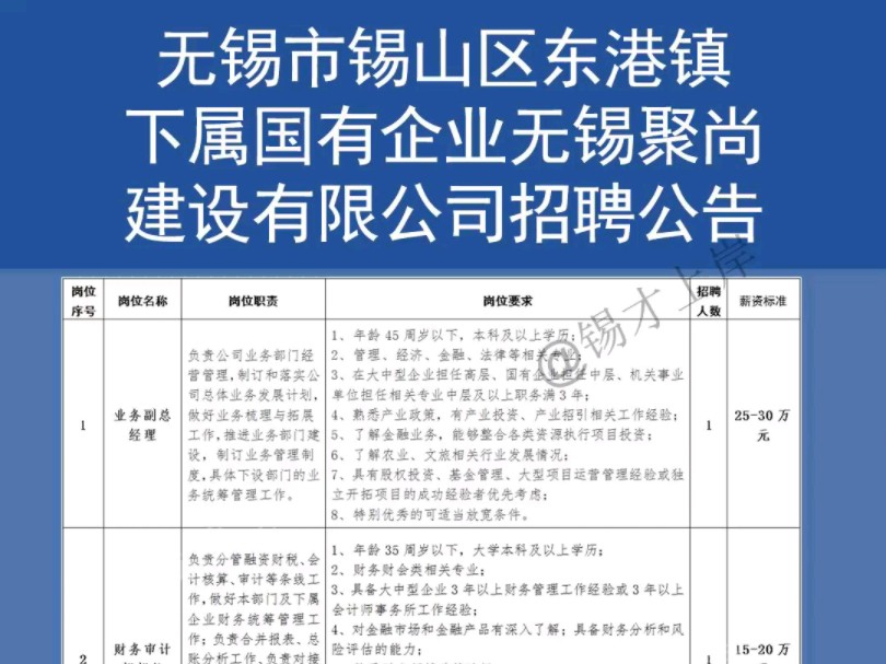 无锡市锡山区东港镇国有企业(业务副总经理、财务审计部部长、出纳、工程管理人员)招聘公告哔哩哔哩bilibili