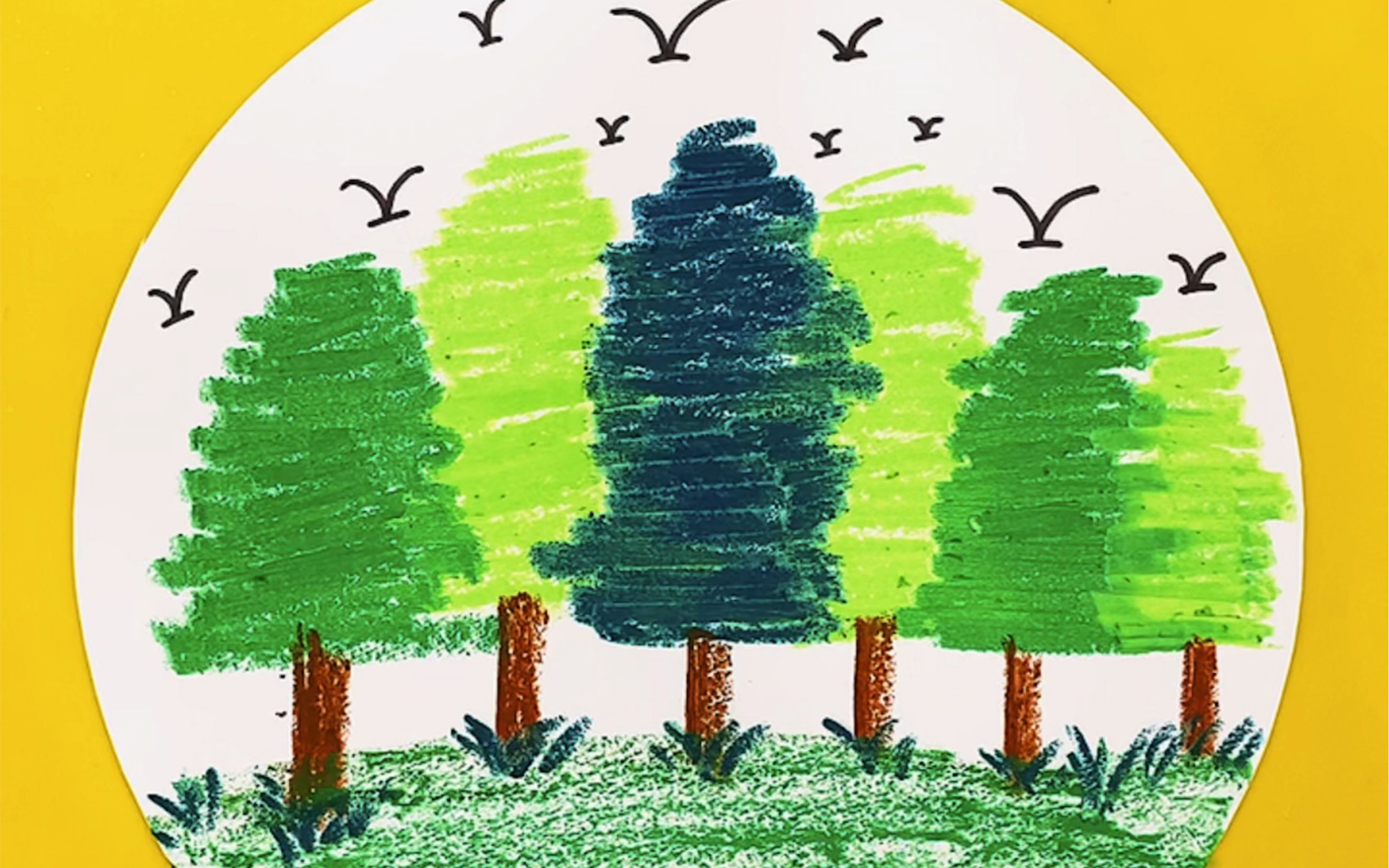 油画棒风景画:简单教你学会画小树林