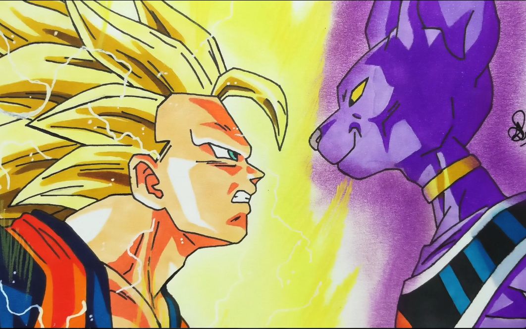 【手绘七龙珠】变身超三的悟空怒视破坏神比鲁斯!_哔哩哔哩_bilibili