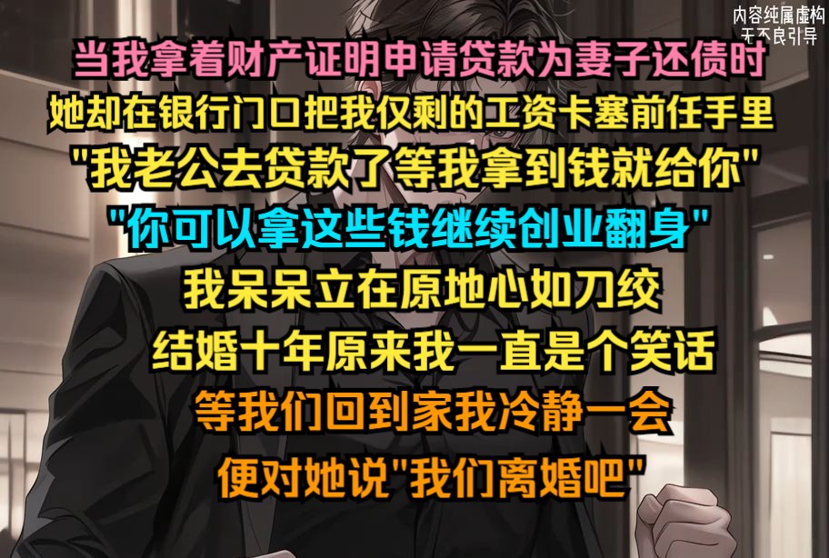 当我拿着财产证明申请贷款为妻子还债时,她却在银行门口把我仅剩的工资卡塞到前任手里“我老公去贷款了,等我拿到钱就给你”哔哩哔哩bilibili