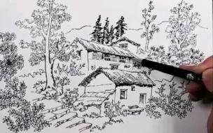 Скачать видео: 【线描风景钢笔画】零基础钢笔画入门教程分享！大家有见过这样子的农村景象吗？