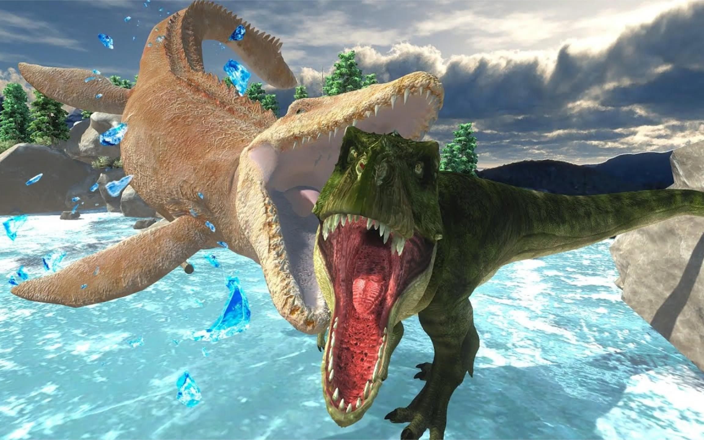 动物战争模拟器:霸王龙vs沧龙!几十亿年前的霸主对决,超级精彩