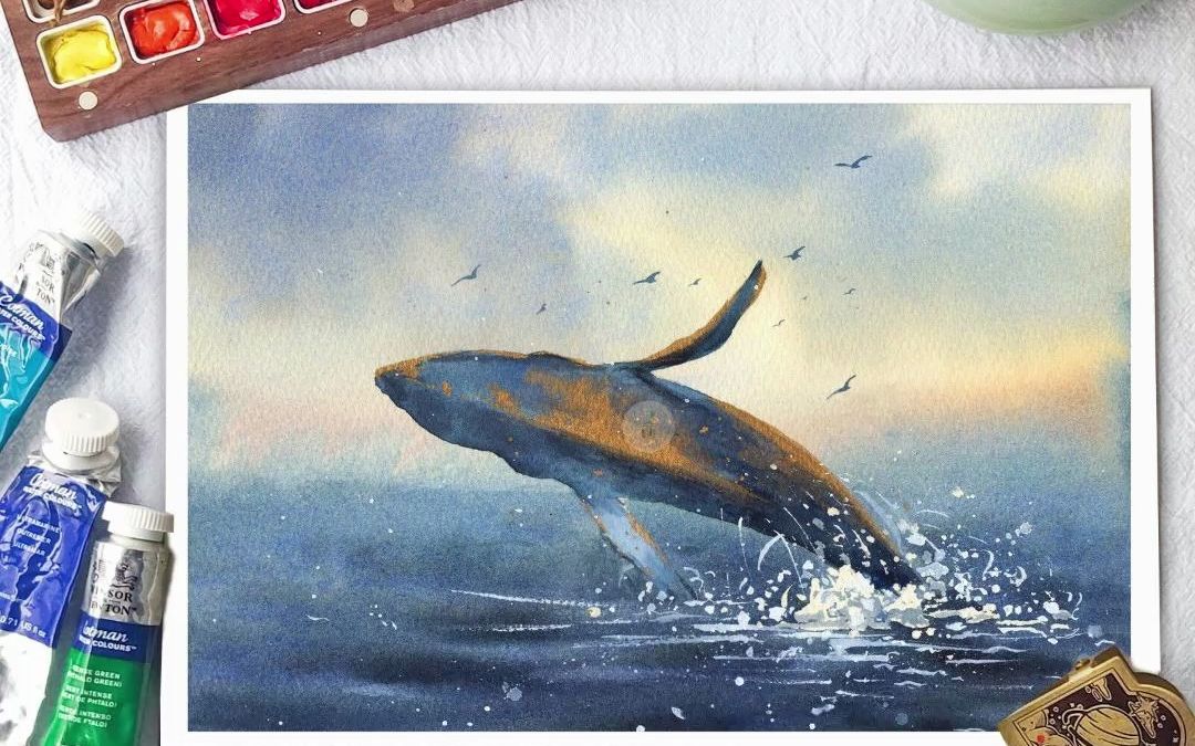 【水彩动物】阳光洒落,优雅出水的鲸鱼95
