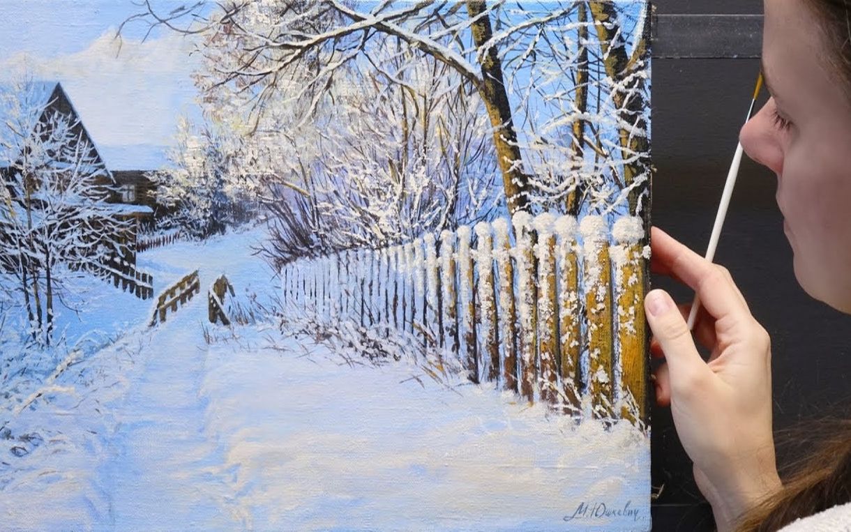 丙烯画油画绘画教程如何画冬景acrylicoilhowtopaintawinterlandscape