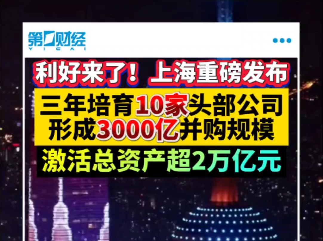 利好来了!上海重磅发布三年培育10家头部公司 形成3000亿并购规模 激活总资产超2万亿元哔哩哔哩bilibili