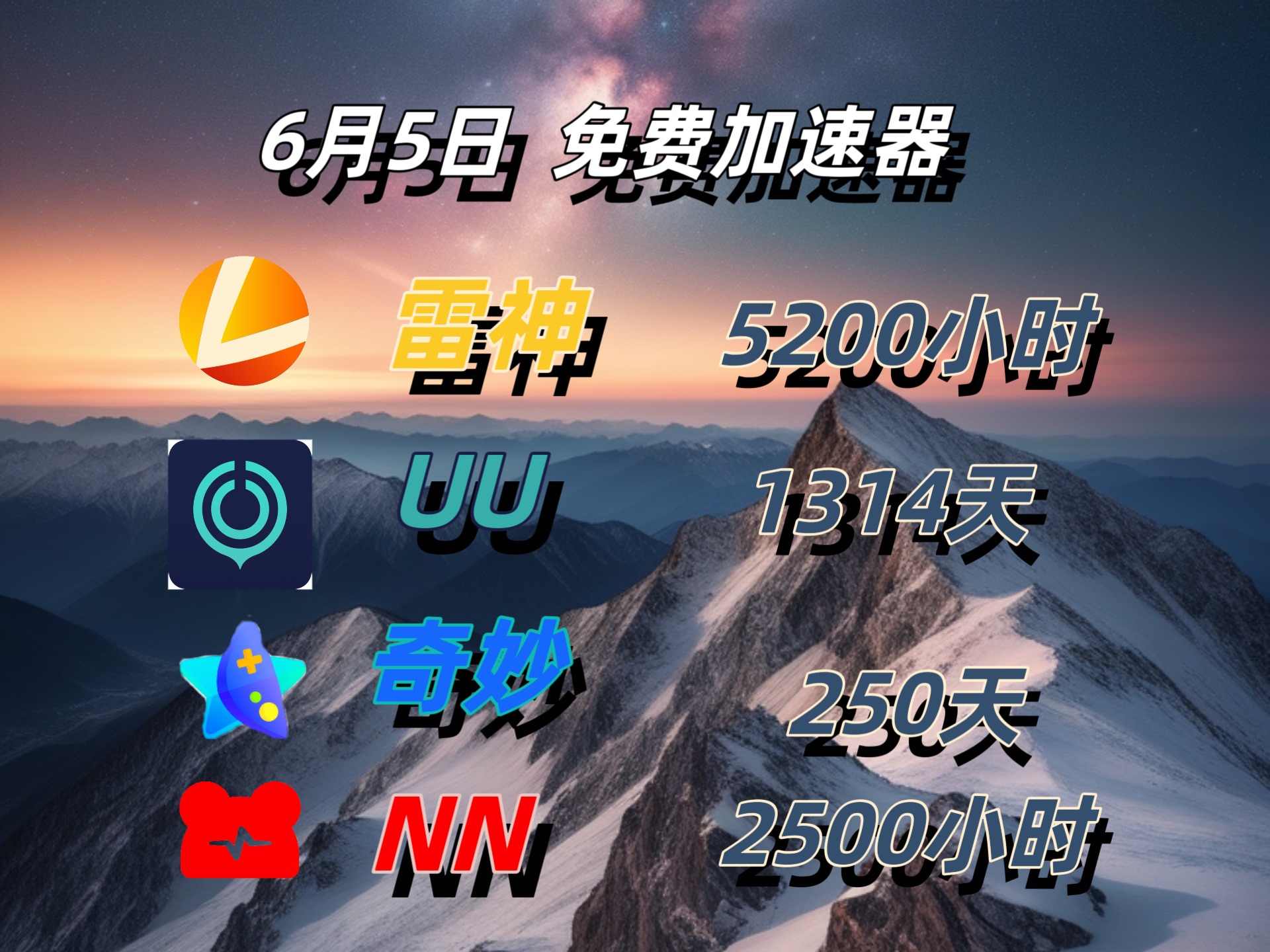 6月5日雷神加速器5200小时奇妙加速器1314天uu加速器30000分钟