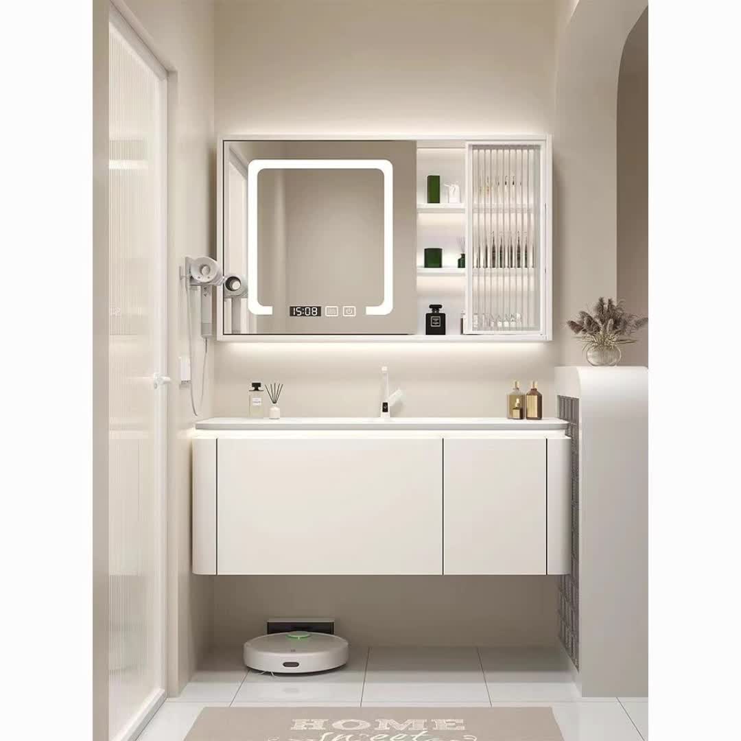 轻奢智能奶油风圆角肤感一体盆浴室柜镜柜组合卫生间网红洗脸盆柜7721