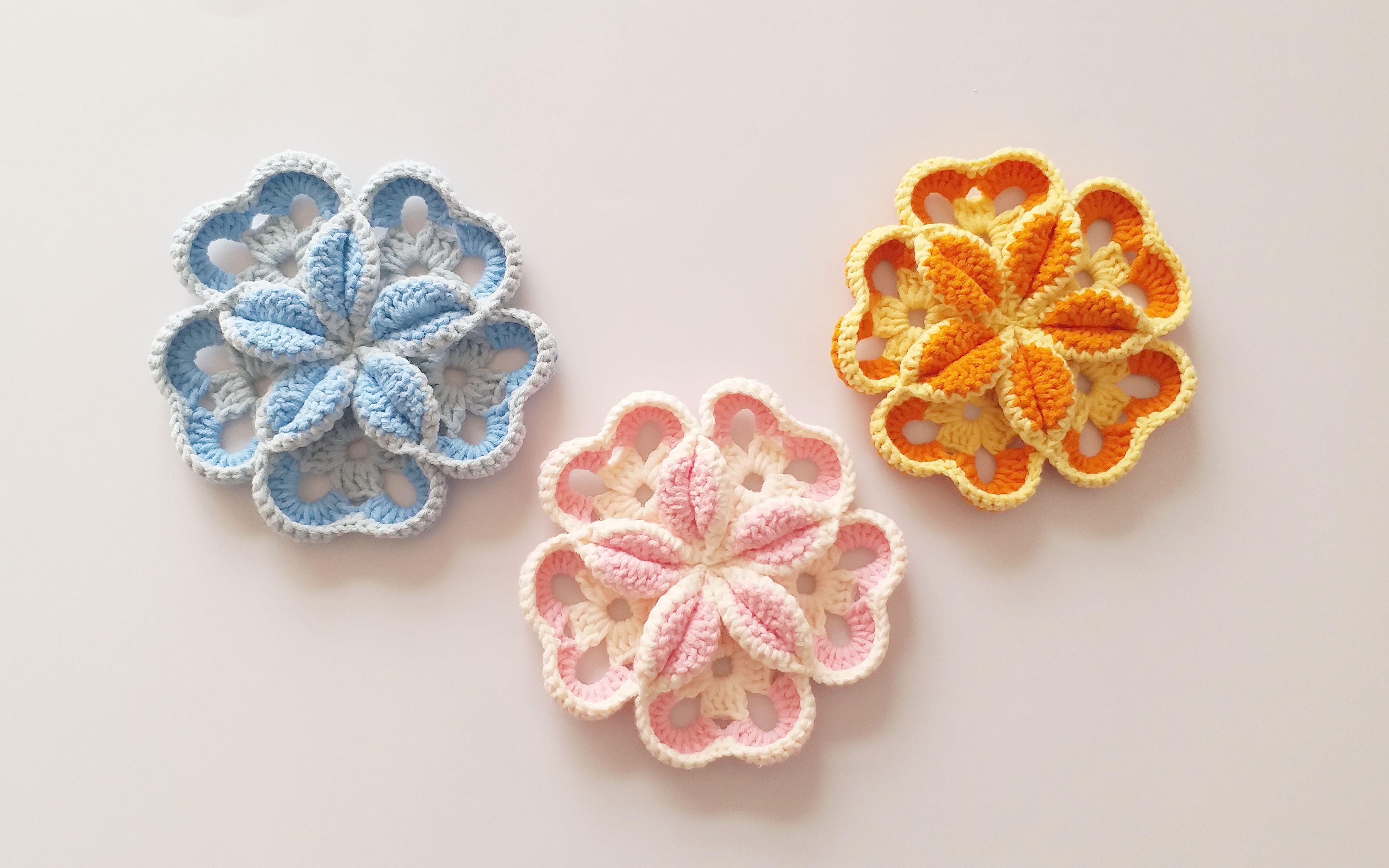 钩针编织5片单元花拼接而成3d立体花朵精致美丽用途广泛