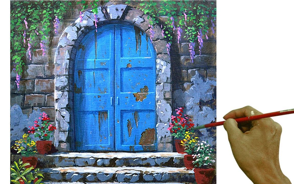 【丙烯画】【绘画教程】蓝色的门Acrylic Landscape Painting Blue Door哔哩哔哩bilibili