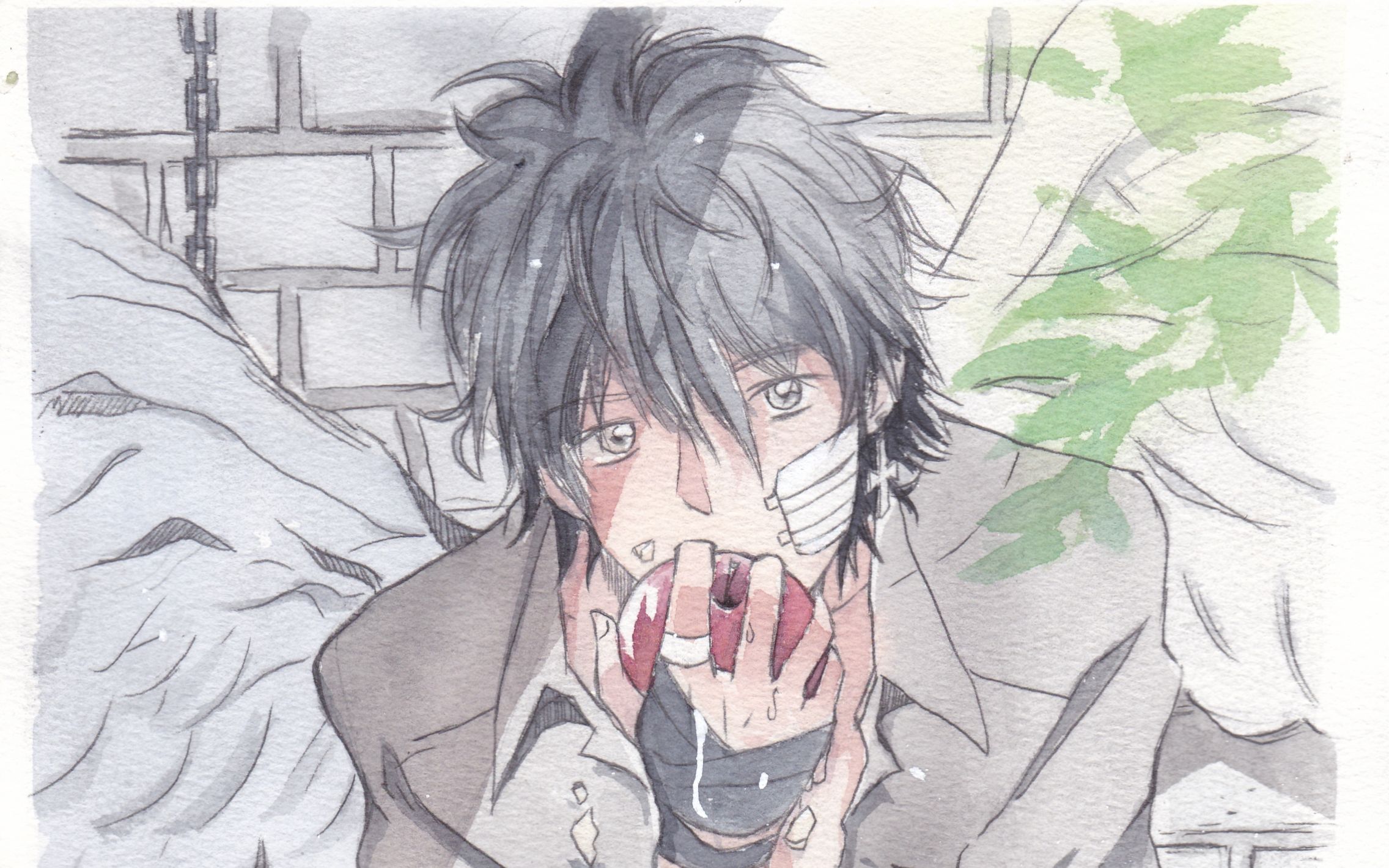 手绘漫画,水彩——吃苹果的天使