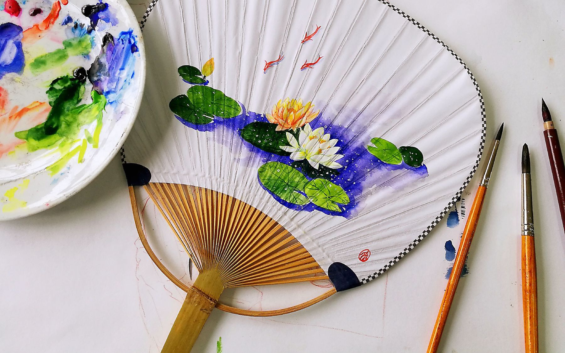 【水彩】夏天到了,开始画扇子了~_哔哩哔哩 (゜