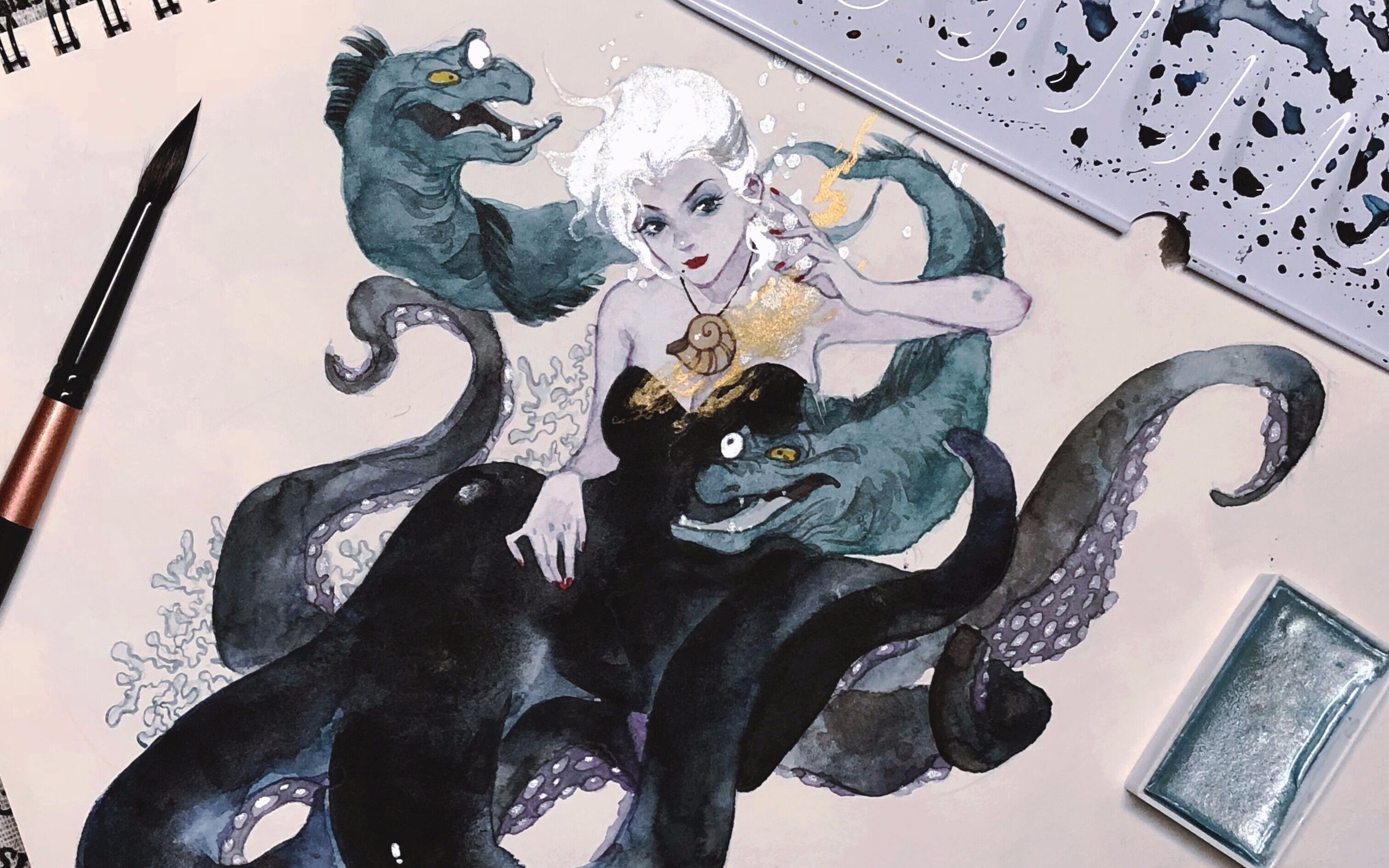 阿莘水彩迪士尼迷人反派小美人鱼年轻的乌苏拉海巫婆的美丽岁月