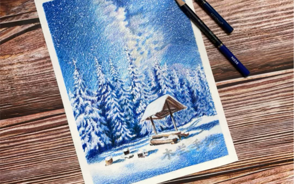 彩铅画雪景树图片