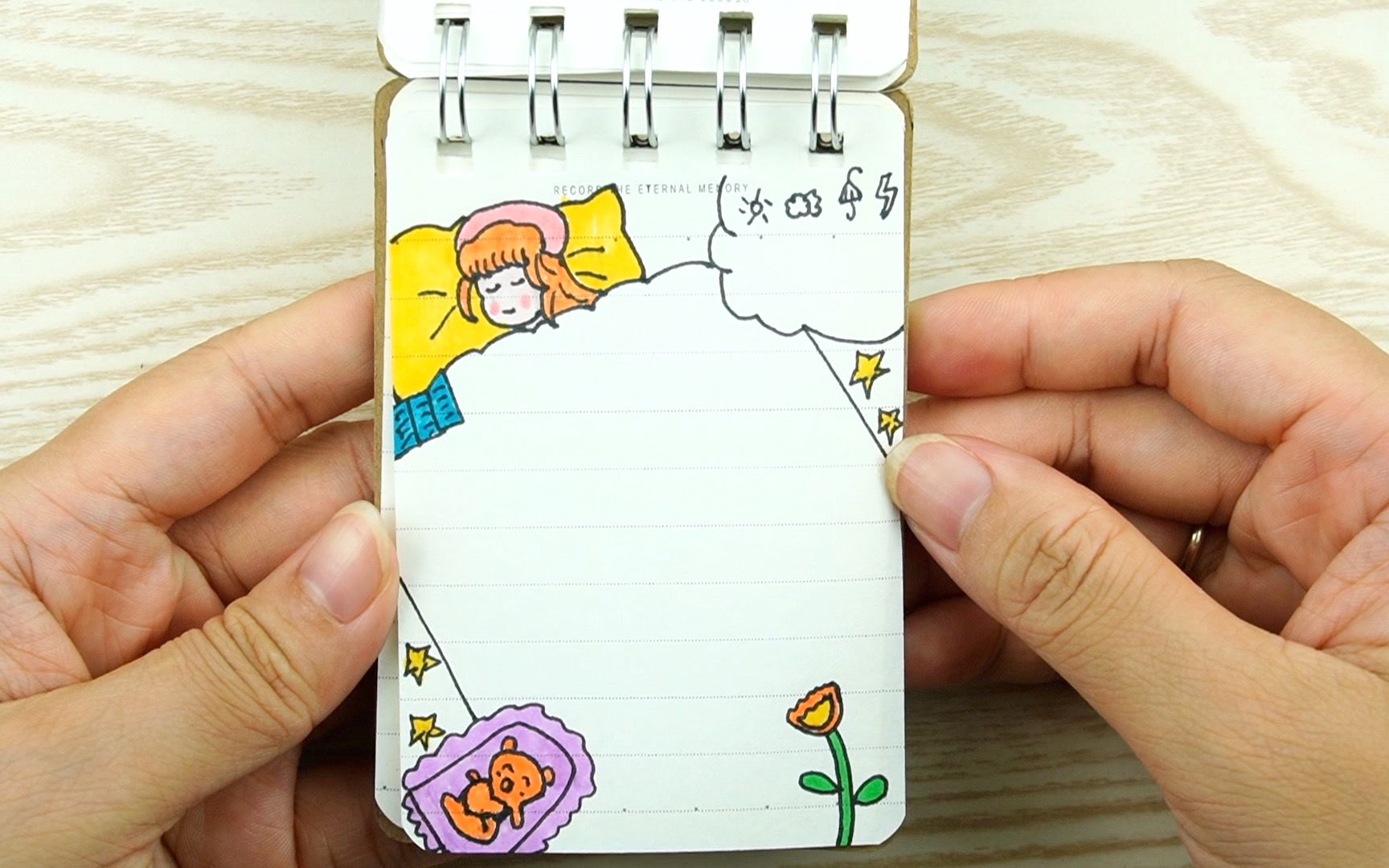 儿童创意迷你便签本手绘,可爱的小女孩床铺,小熊和杯子图画