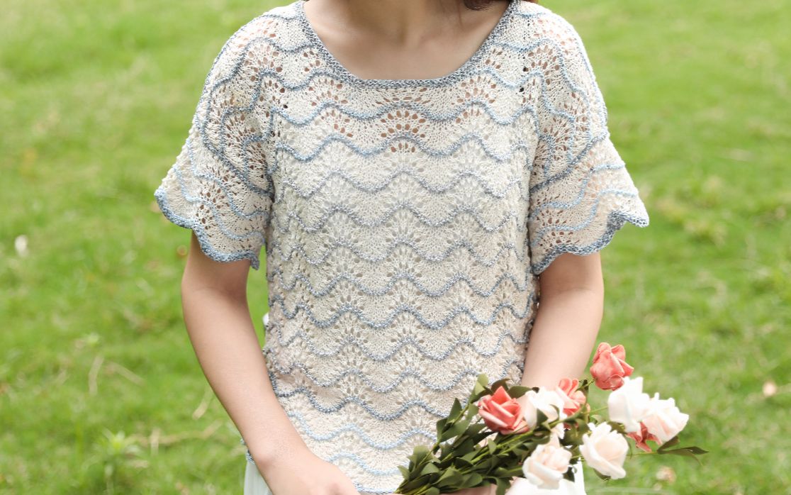 毛儿手作-【第456集】棒针编织扁带线凤尾花上衣教程视频_哔哩哔哩