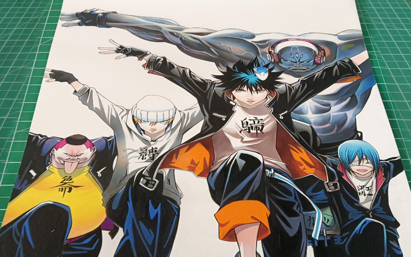 手绘丙烯画飞轮少年