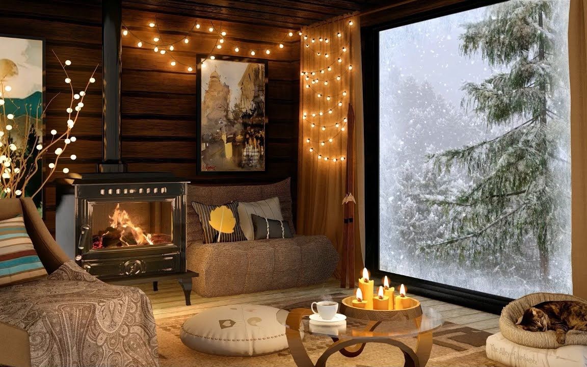 温馨的冬日氛围|在舒适的森林小屋里度过漫漫长冬|壁炉 香烛 雪景|8h