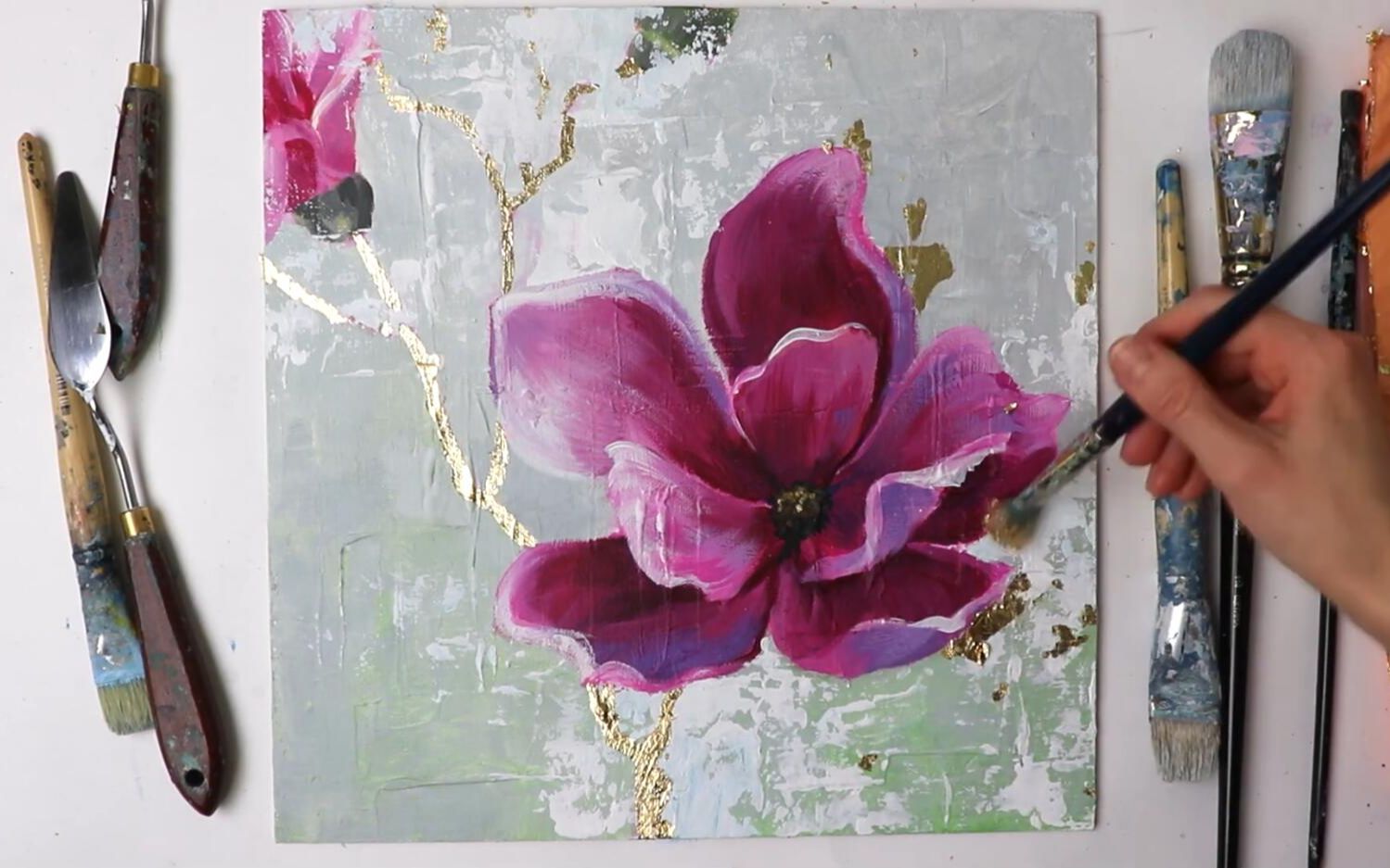 【丙烯画】【绘画教程】【金箔画】花Flower With gold Art Acrylic Painting哔哩哔哩bilibili