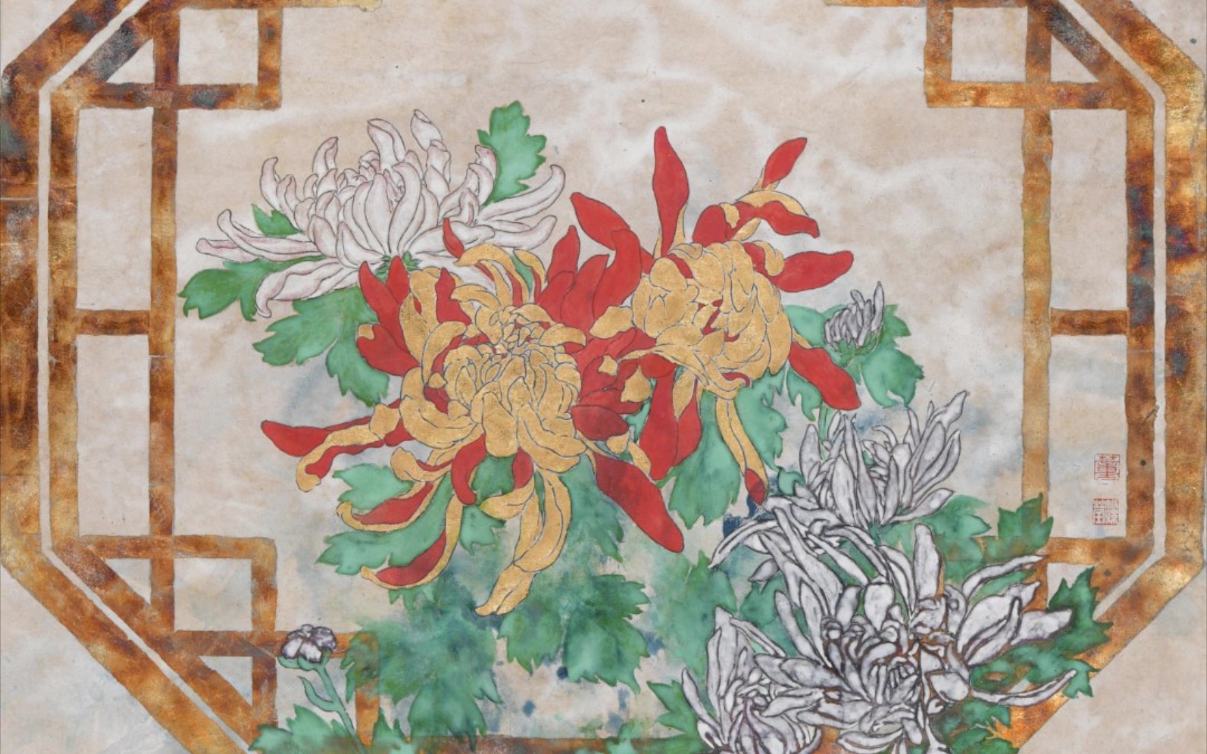 【国画】创作记录 组画《窗含四序》之八材料:纸,金箔,银箔,矿物颜料