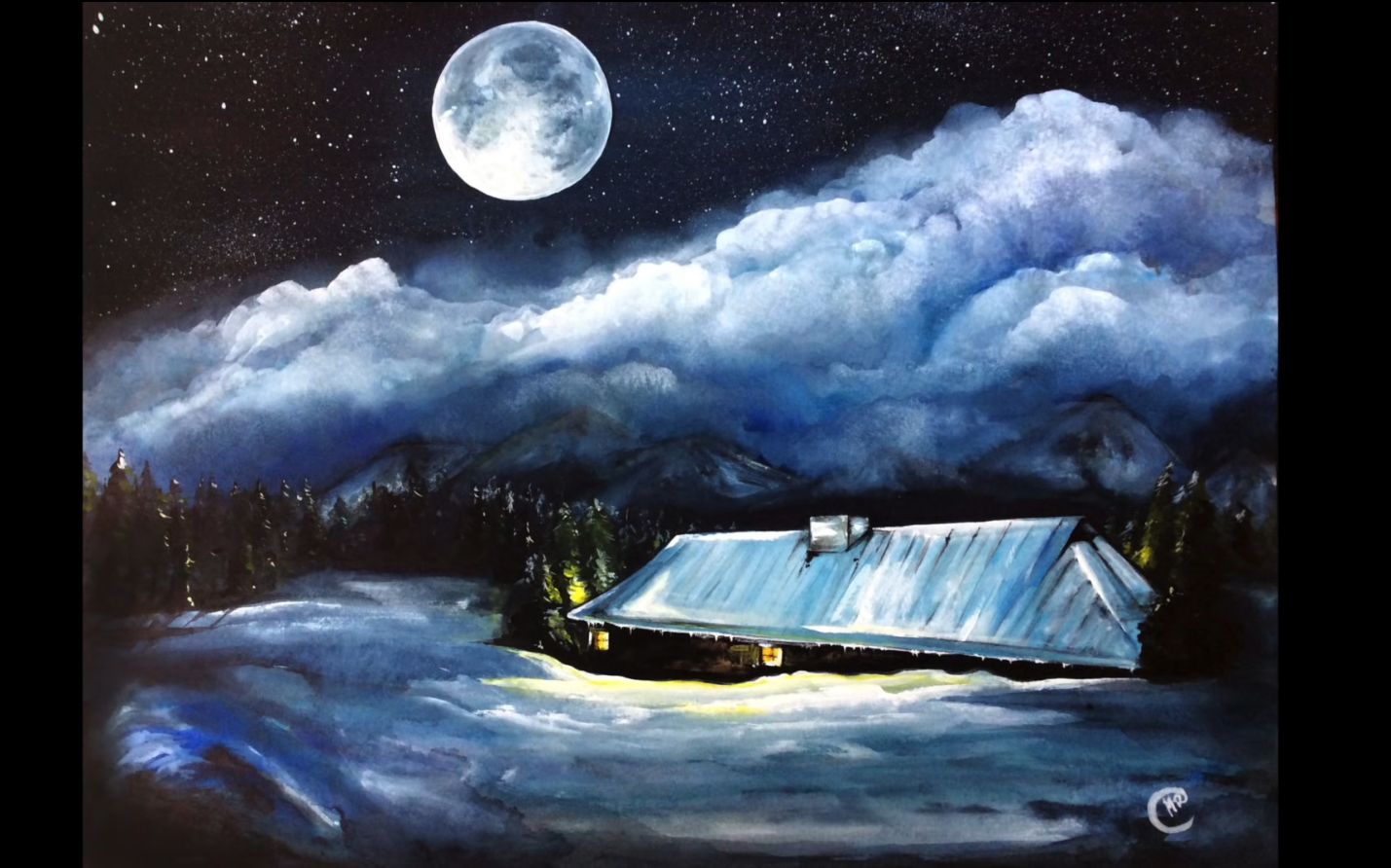 【水彩】冬天的月亮水彩画