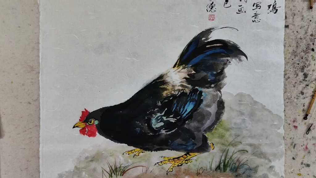 黑色母鸡国画小写意染色步骤掌握草地色彩