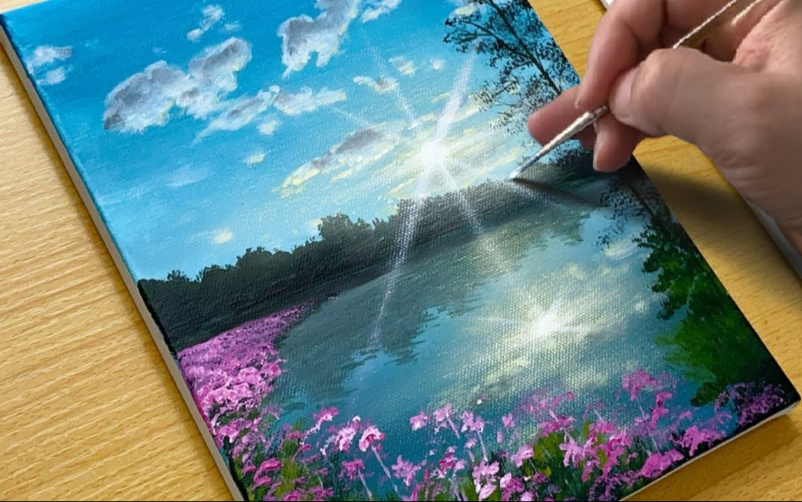 【丙烯画】【绘画教程】【中字】湖色How to Paint Lake Scenery Acrylic Painting哔哩哔哩bilibili