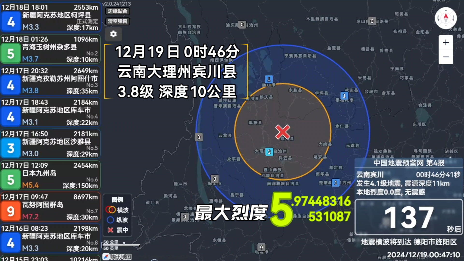 [最大烈度5] 12月19日 0时46分 云南大理州宾川县 发生3.8级地震,震源深度10公里哔哩哔哩bilibili