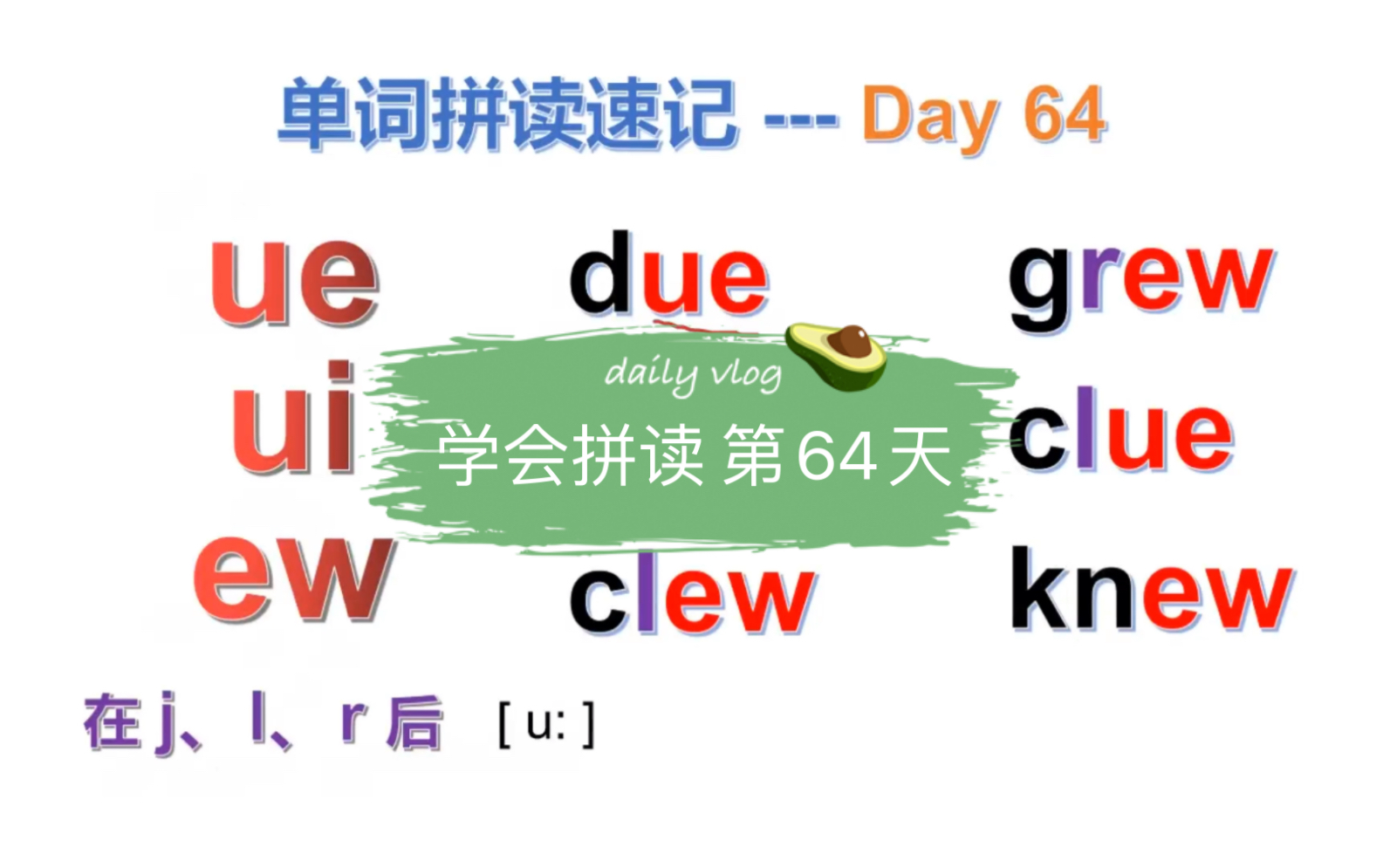 学会拼读 第64天 元音组合ue ui ew组合,看完这个视频,帮你搞定含有元音组合的单词,拼读单词先找元音,在看元音前面的辅音,然后像拼读汉语拼音一样...