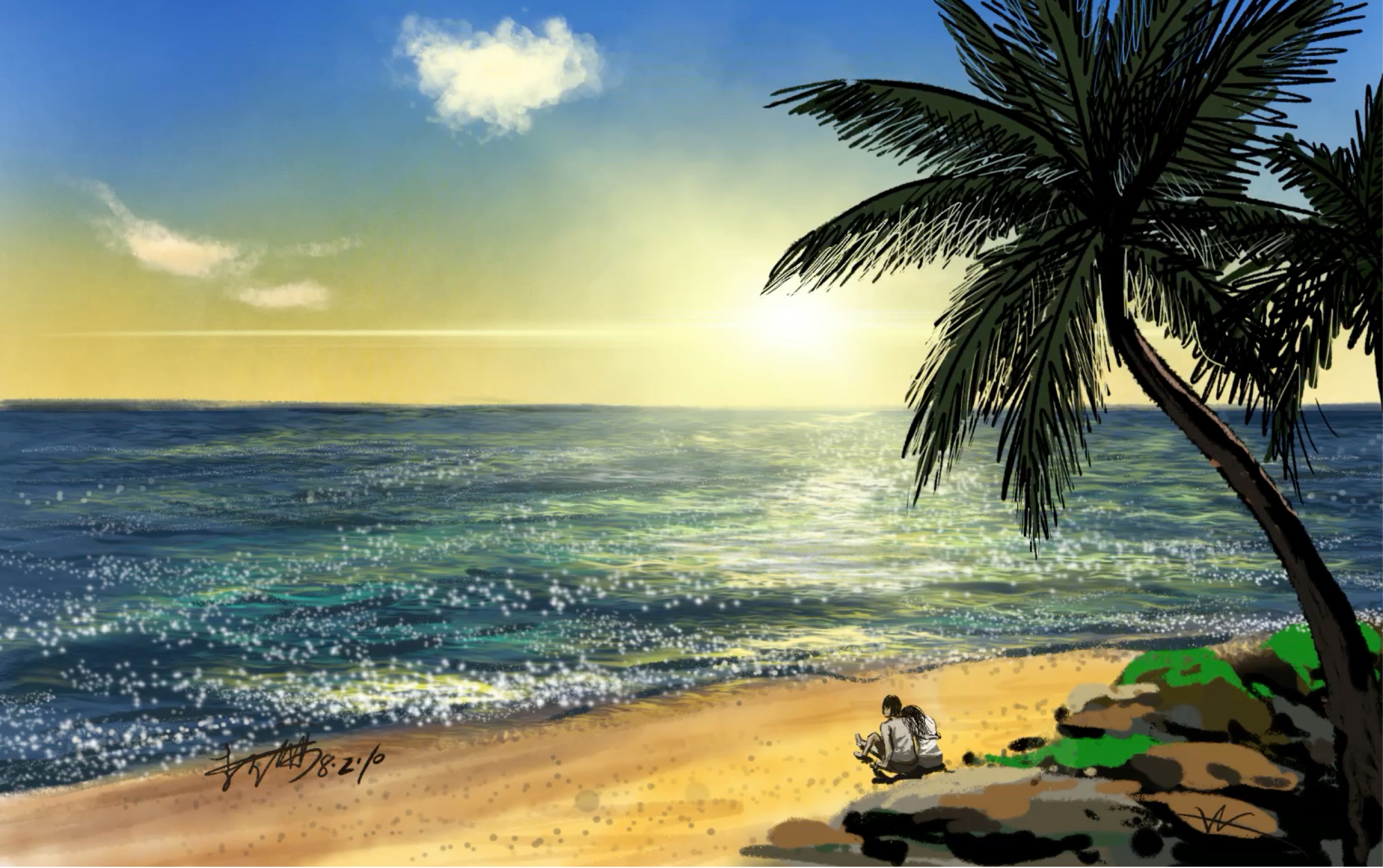 阳光沙滩和夕阳