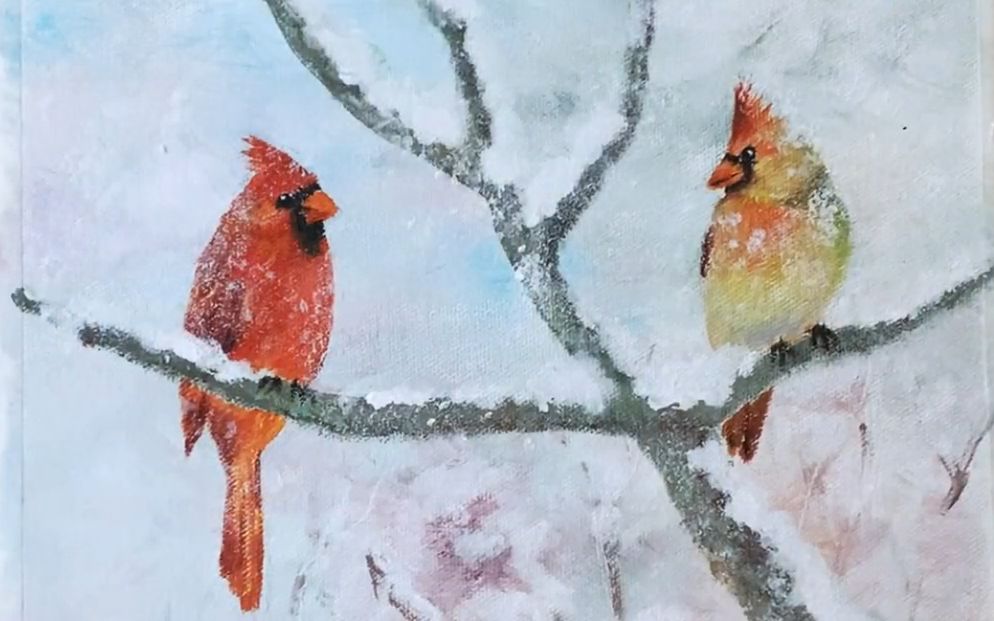 丙烯画一幅冬雪中的小鸟风景画