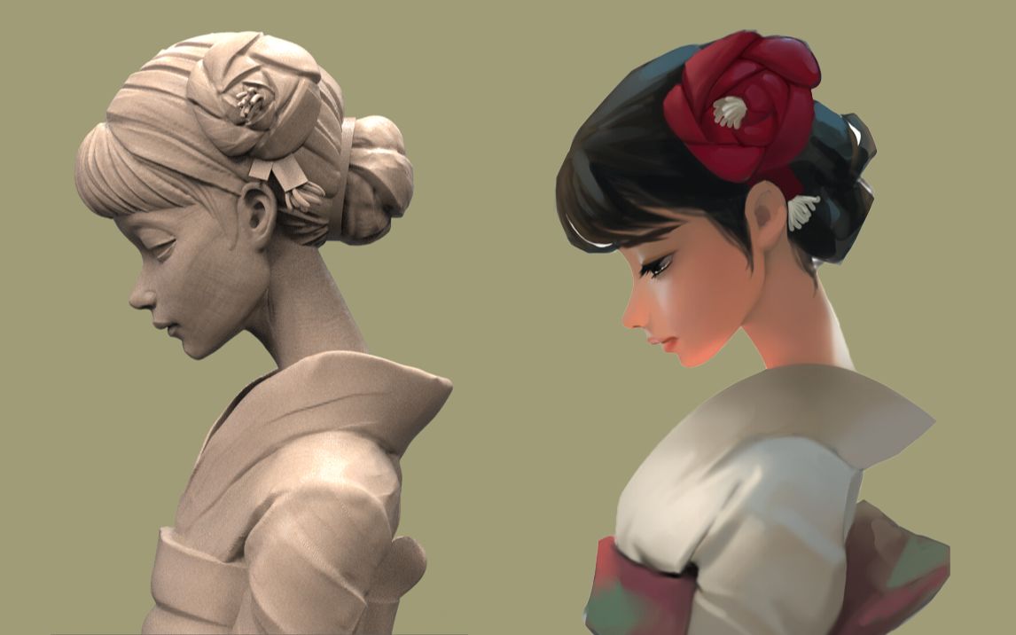 【zbrush雕刻】影视角色动画风格“和服小姐姐”女性人物模型雕刻哔哩哔哩bilibili