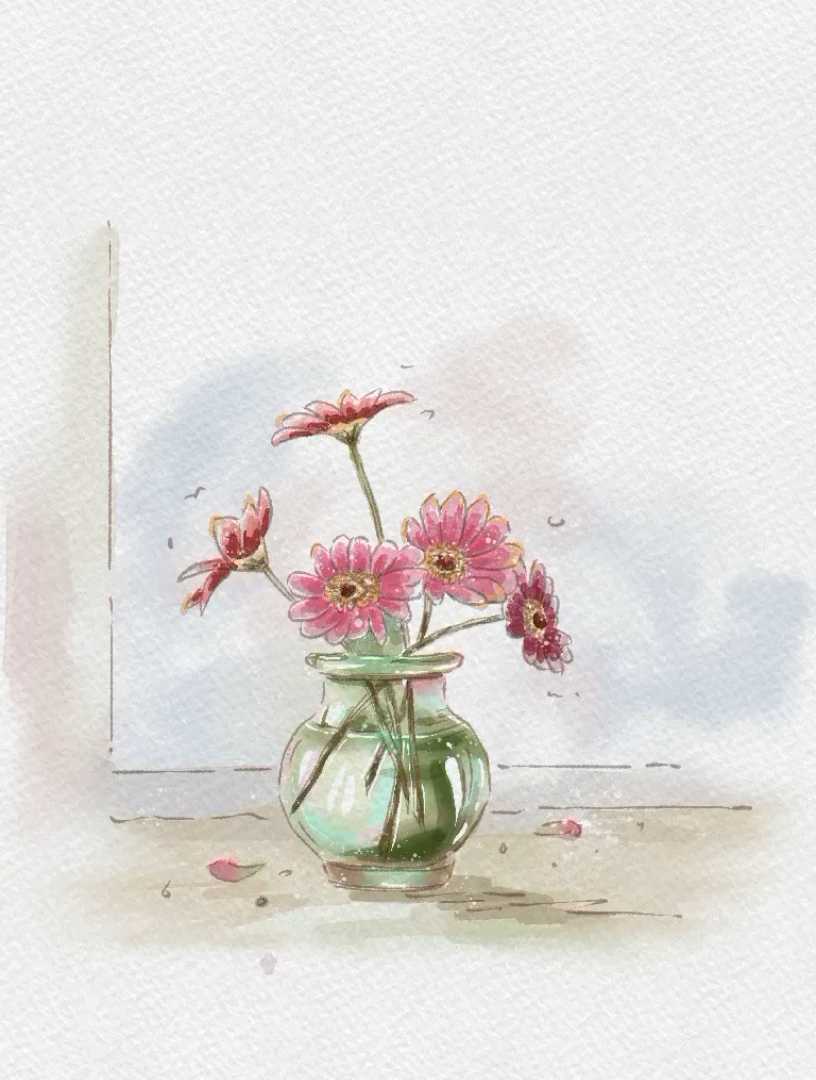 自学【procreate绘画】钢笔淡彩窗台上的花过程