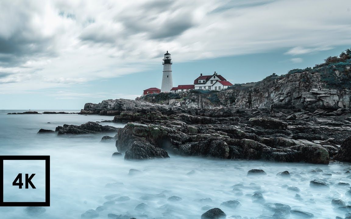 波特兰灯塔的海浪和海景日落4k