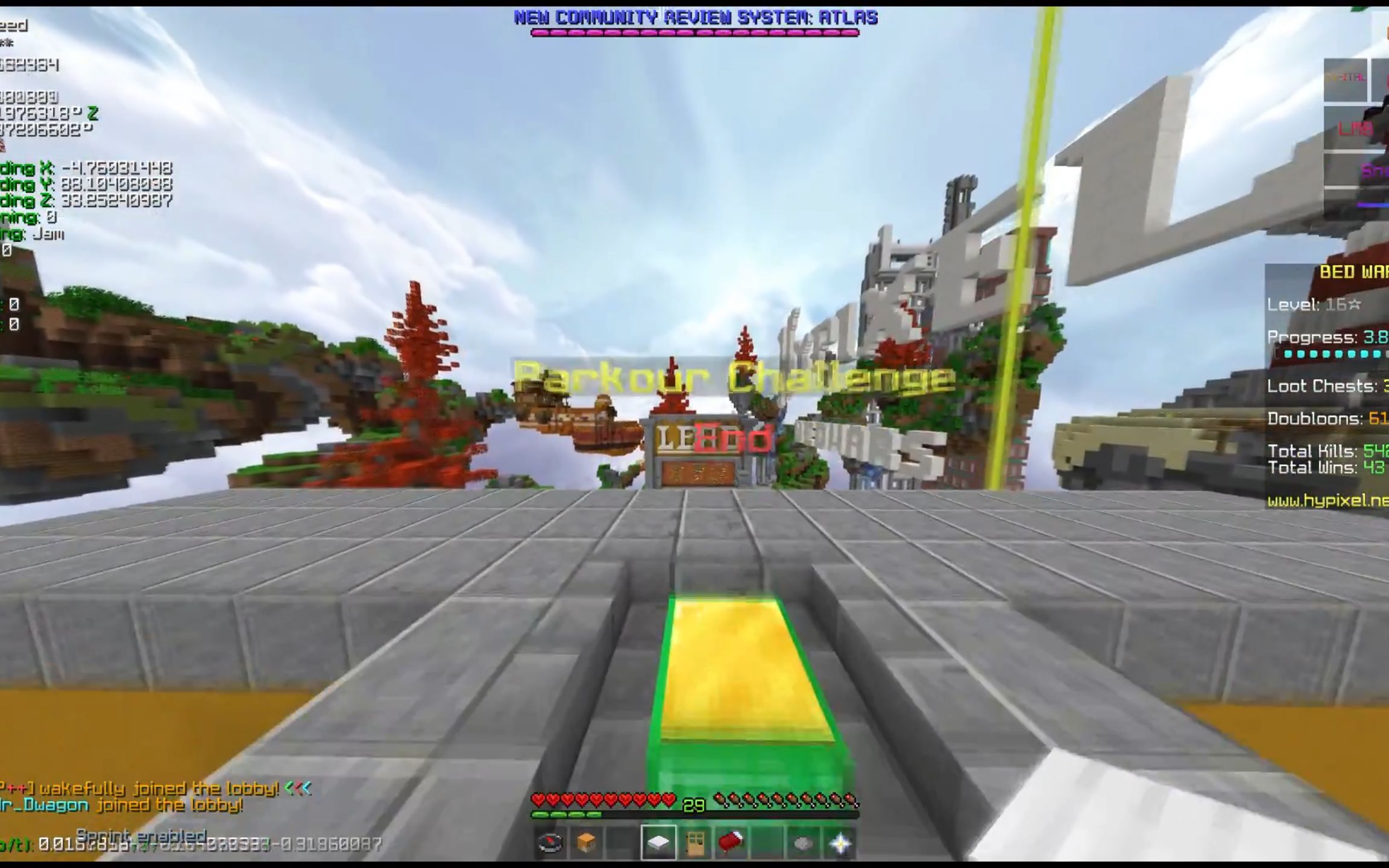 世界纪录超越indev非常极限的hypixel起床战争大厅跑酷无楼梯加速无顶